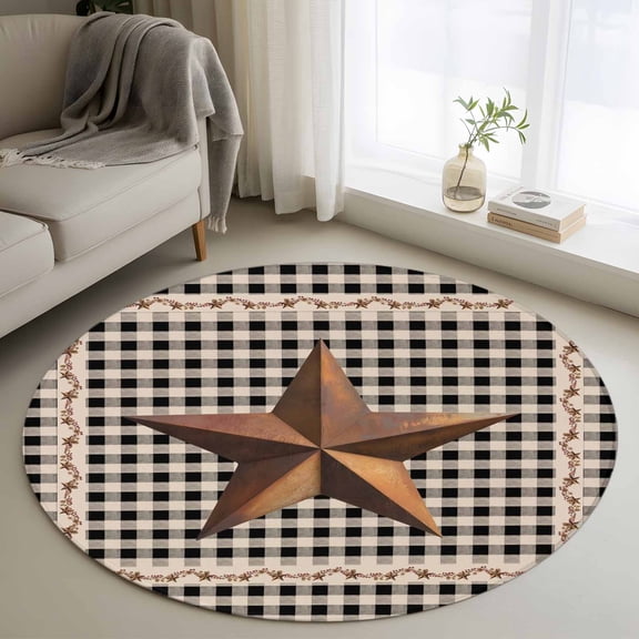 4ft Round Rug, Texas Star Vintage Non-Skid Rubber Backing Large Area Rugs - Living Room Bedroom Home Office, Retro Country Brown Stars Checkered Indoor Floor Mat Carpets Washable Rug