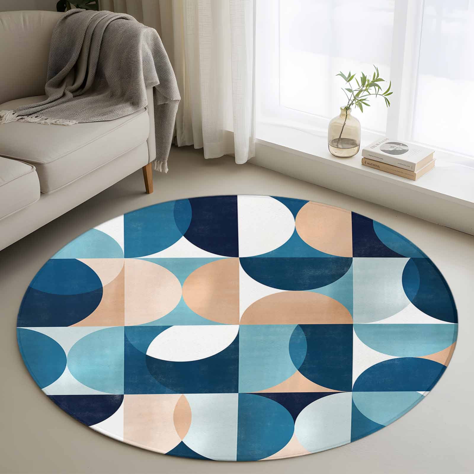 4ft Round Rug, Turquoise Geometric, Non-Skid Rubber Backing Large Area ...