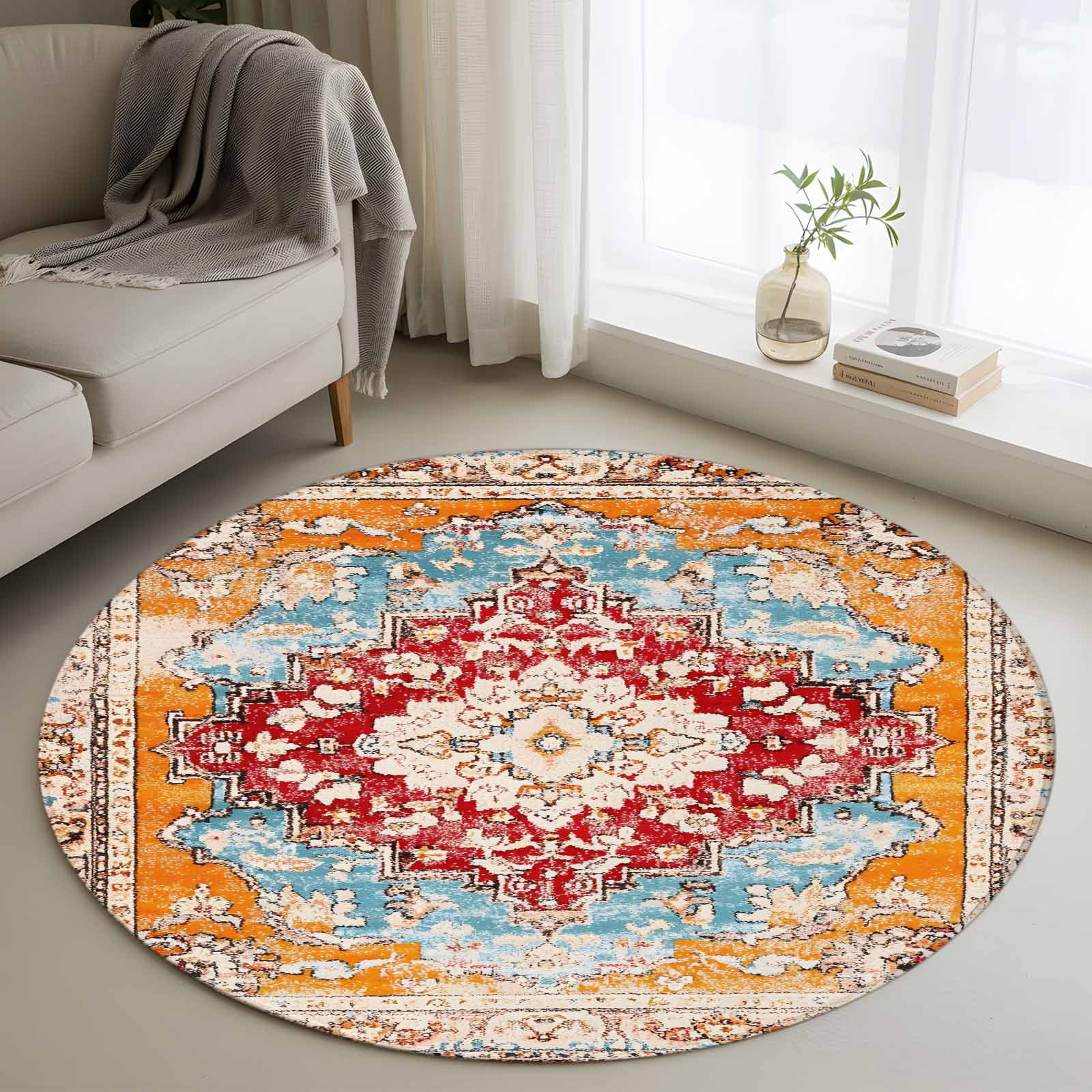 4ft Round Rug, Vintage Ethnic Non-Skid Rubber Backing Large Area Rugs ...