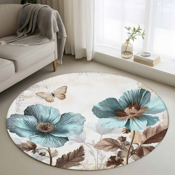 4ft Round Rug, Vintage Flowers Non-Skid Rubber Backing Large Area Rugs - Living Room Bedroom Home Office, Teal Blue Floral Nature Butterfly Indoor Floor Mat Carpets Washable Rug