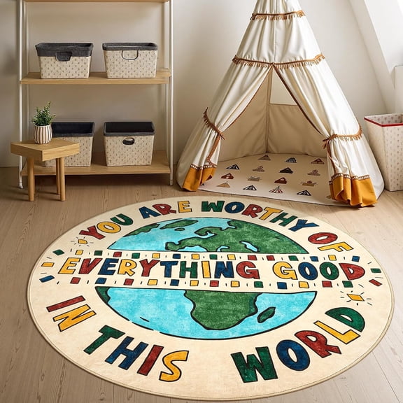 4ft Round Rug Washable Fun Rug You Are Worthy Playroom Mat Non Slip Cheerful Circle Cool Floor Cover Soft Cozy Low-pile Emotional Support Throw Carpet for Entryway   Teens Dorm