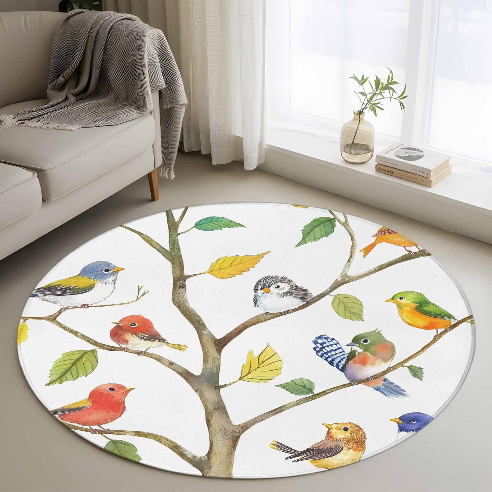 Round Rubber Rug 4ft Round Rug, Watercolor Bird Non-Skid Rubber Backing Large Area Rugs ...