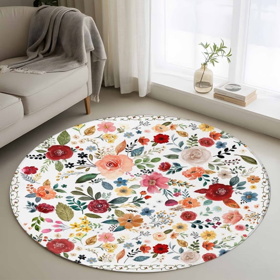 4ft Round Rug, Watercolor Flowers Non-Skid Rubber Backing Large Area ...