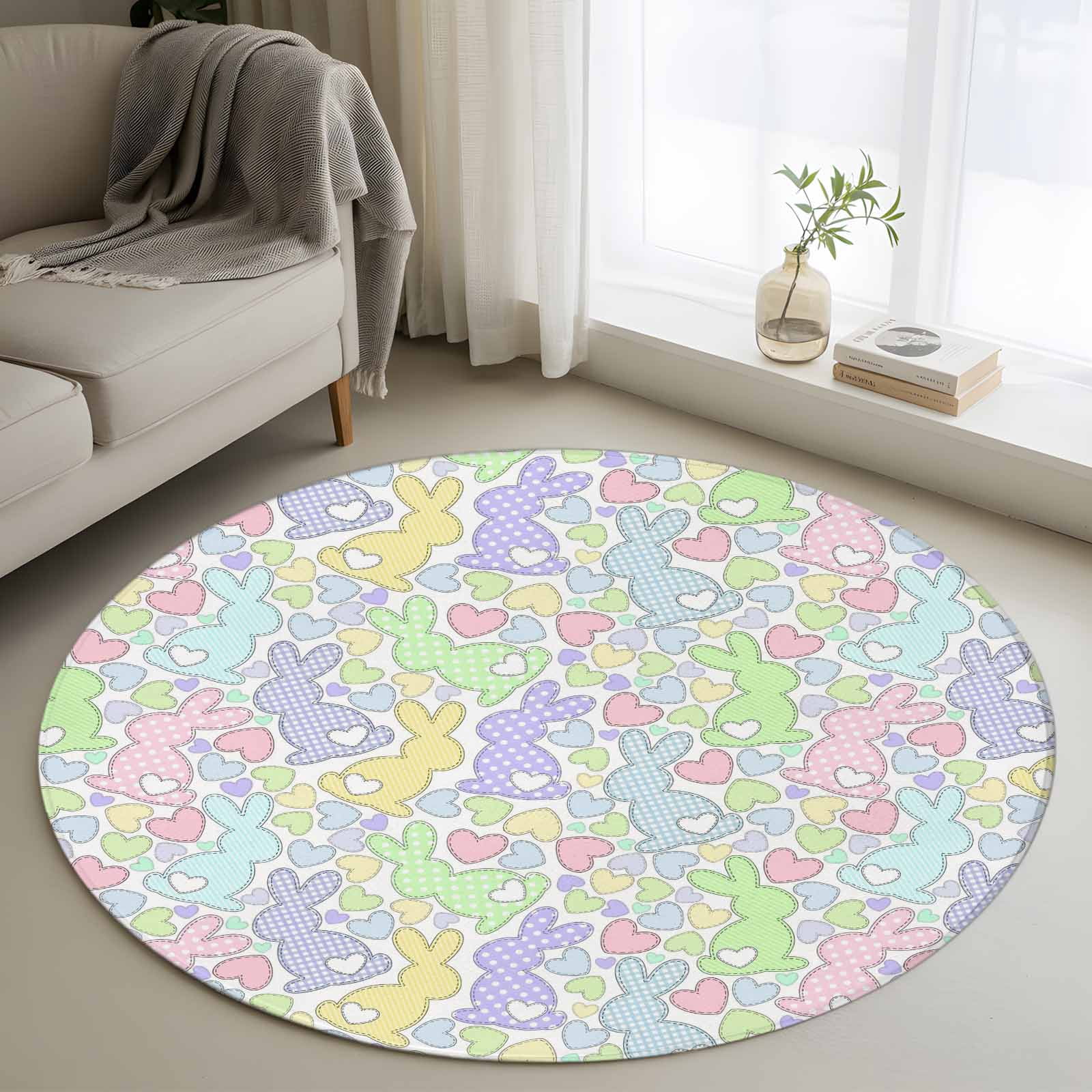 4ft Round Rug, Watercolor Rabbits Non-Skid Rubber Backing Large Area ...
