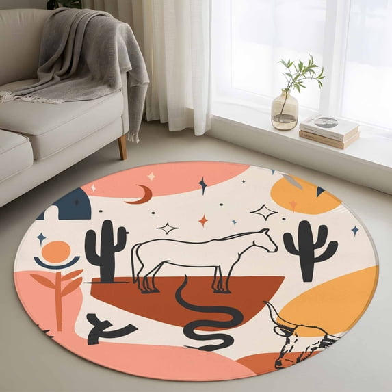 4ft Round Rug, Western Boho Non-Skid Rubber Backing Large Area Rugs ...
