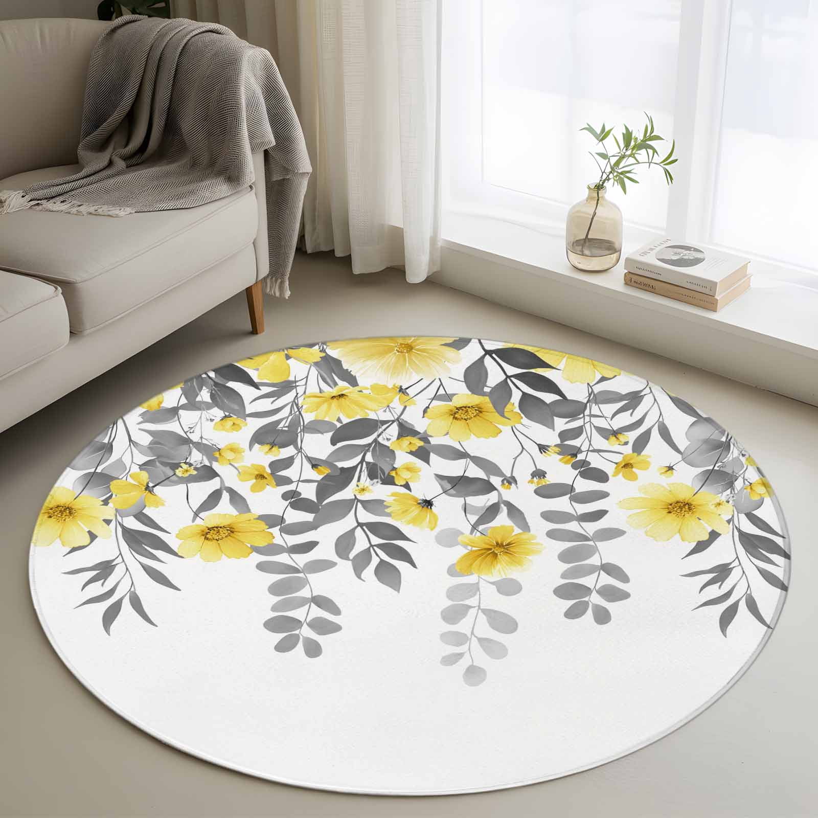 4ft Round Rug, Yellow Floral Non-Skid Rubber Backing Large Area Rugs ...