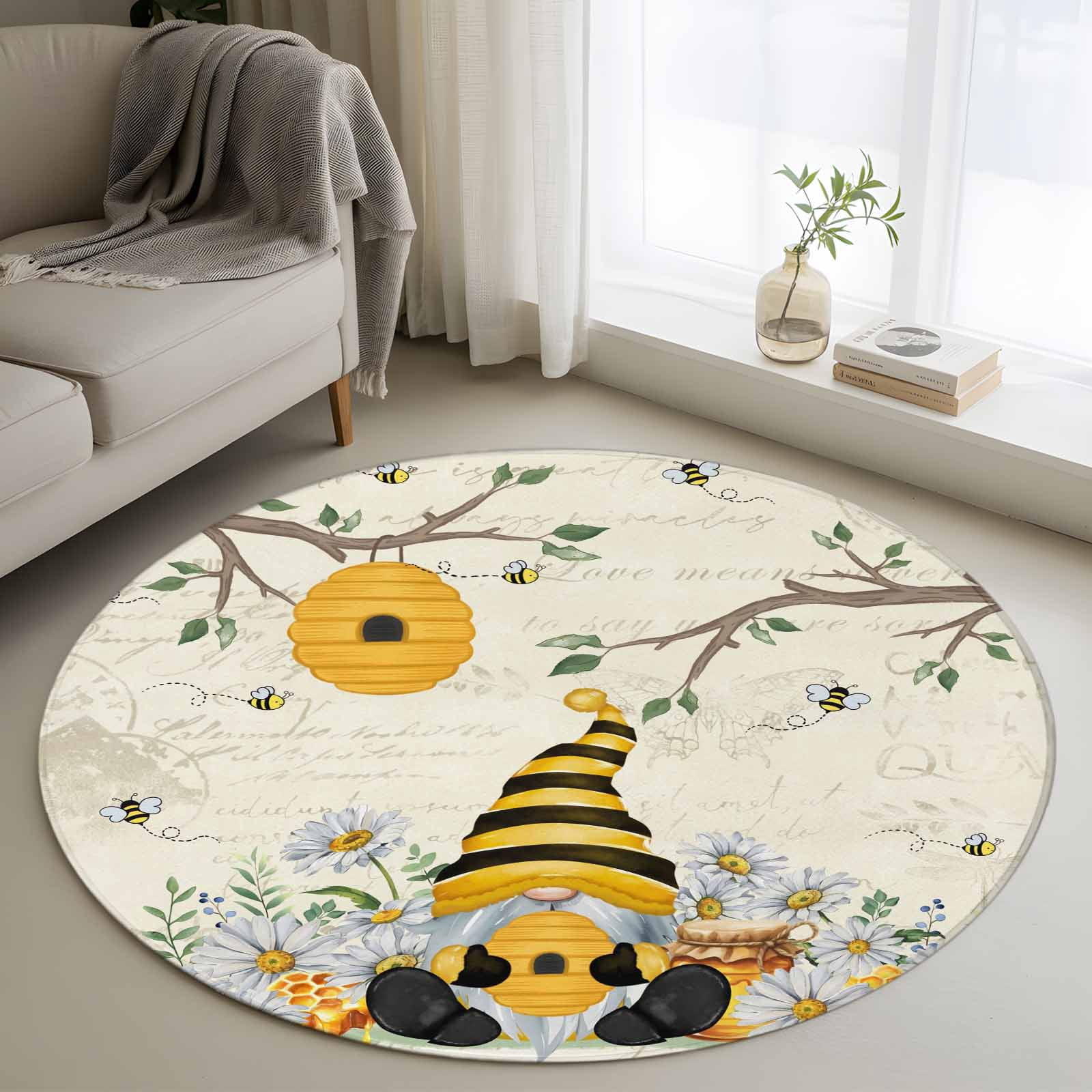4ft Round Rug, Yellow Gnomes Non-Skid Rubber Backing Large Area Rugs ...