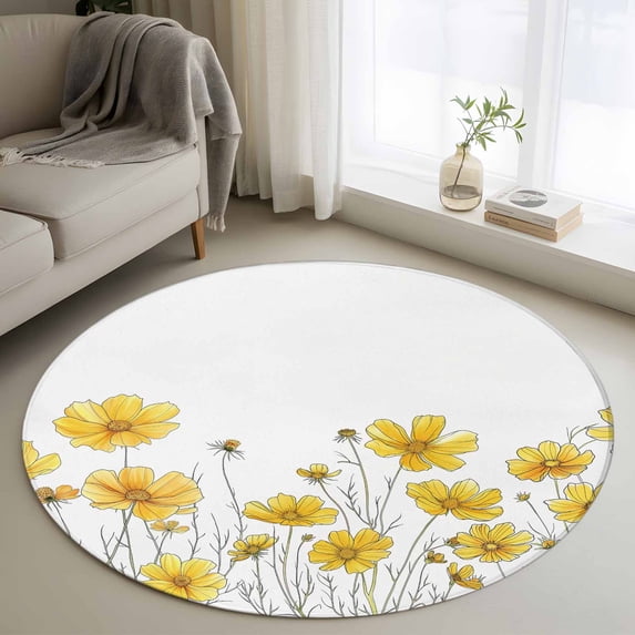 4ft Round Rug, Yellow Spring Floral Non-Skid Rubber Backing Large Area Rugs - Living Room Bedroom Home Office, Summer Botanical Watercolor Daisy Indoor Floor Mat Carpets Washable Rug