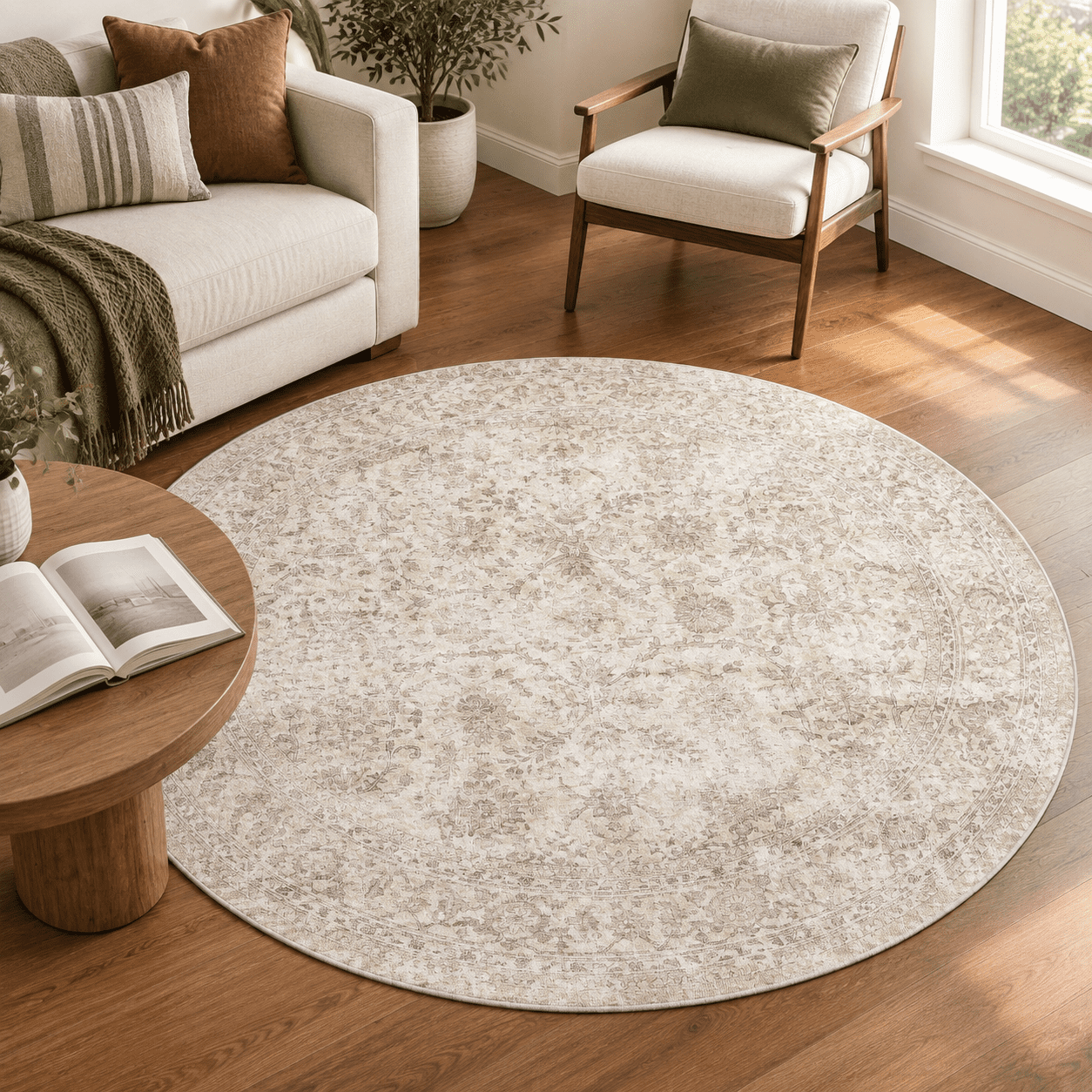 Tan Round Rug 4ft Round Washable Beige Neutral Vintarea Rug For Living Room - Walmart.com