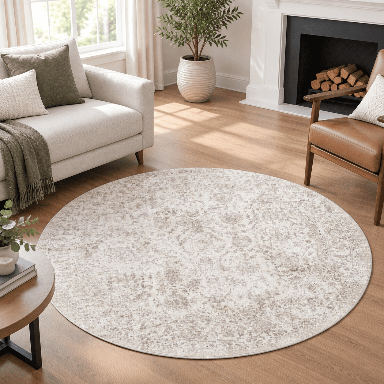 Neutral Fun Rug 4ft Round Washable Beige Neutral Vintarea Rug For Living Room - Walmart.com