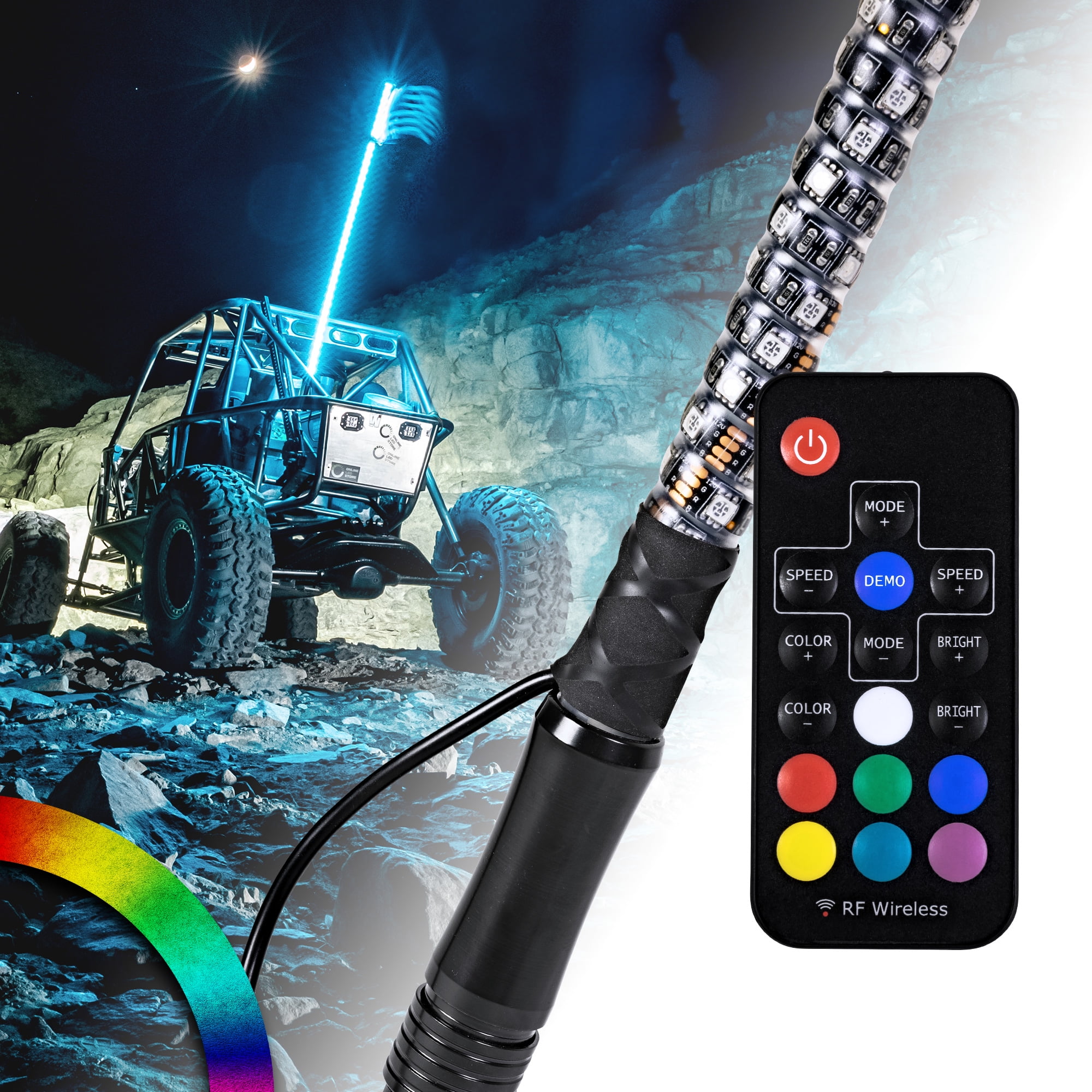 Patriotic 4ft Waterproof LED Whip Light with Remote - 20 Colors & 21 Modes