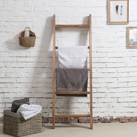 4ft Tall Rustic Burnt Natural Wood Wall Leaning Blanket Ladder Shelf with 5 Rungs, Decorative Living Room Throw and Quilt Holder, Farmhouse Bedroom Decor
