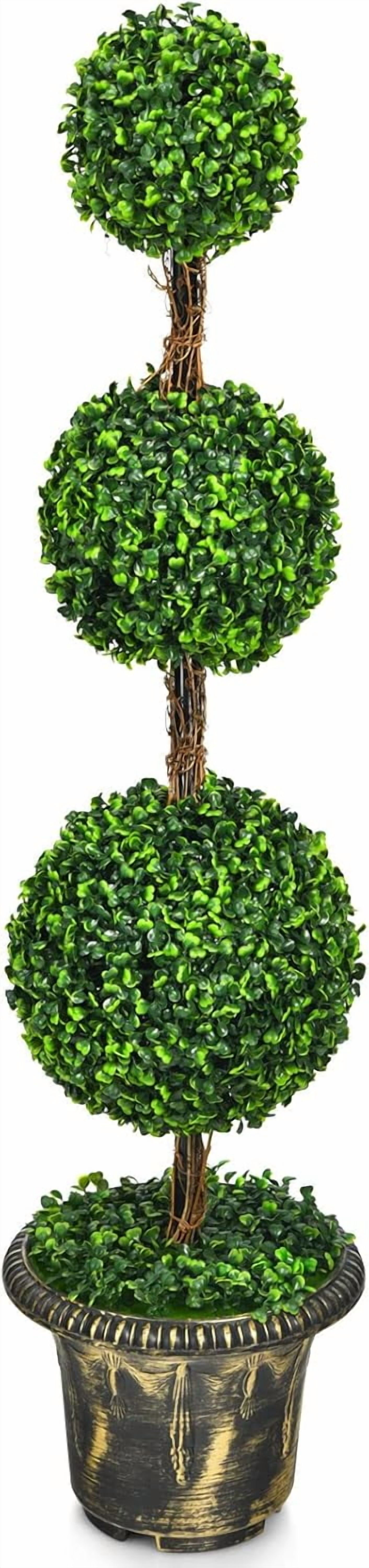 4ft Topiary Trees Artificial Outdoor, Triple Ball Boxwood Topiary w/Cement-Filled Retro Pot, Fake Plants Shrub Bushes for Home, Office, Porch, Front Door, Entrance, Backyard