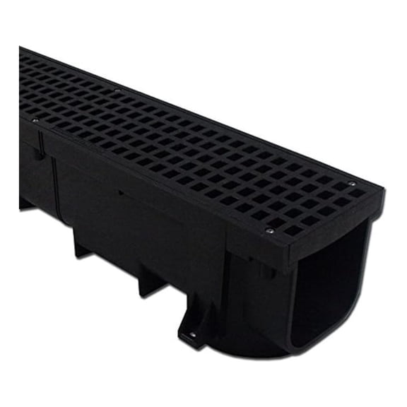 4ft Trench Drain & Grate - Heavy Duty Channel Drain System; Black Polymer Construction; 3/4 Inch Grate; Ideal for Driveways, Patios, Landscaping & Yard Drainage
