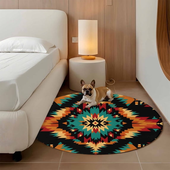 4ft Washable Round Rug, Abstract Ethnic Style Pattern Non-Slip Circle ...