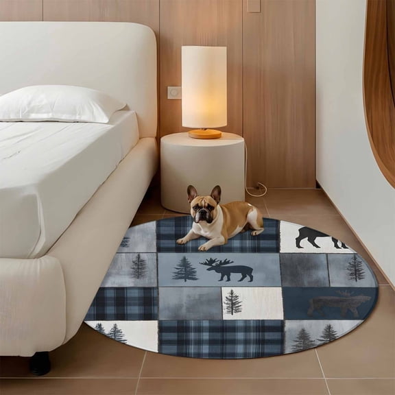 4ft Washable Round Rug, Bear Moose Non-Slip Circle Area Rug for Living Room Bedroom, Blue Retro Forest Wild Animal Buffalo Plaid Patchwork Indoor Floor Mat for Home Decor