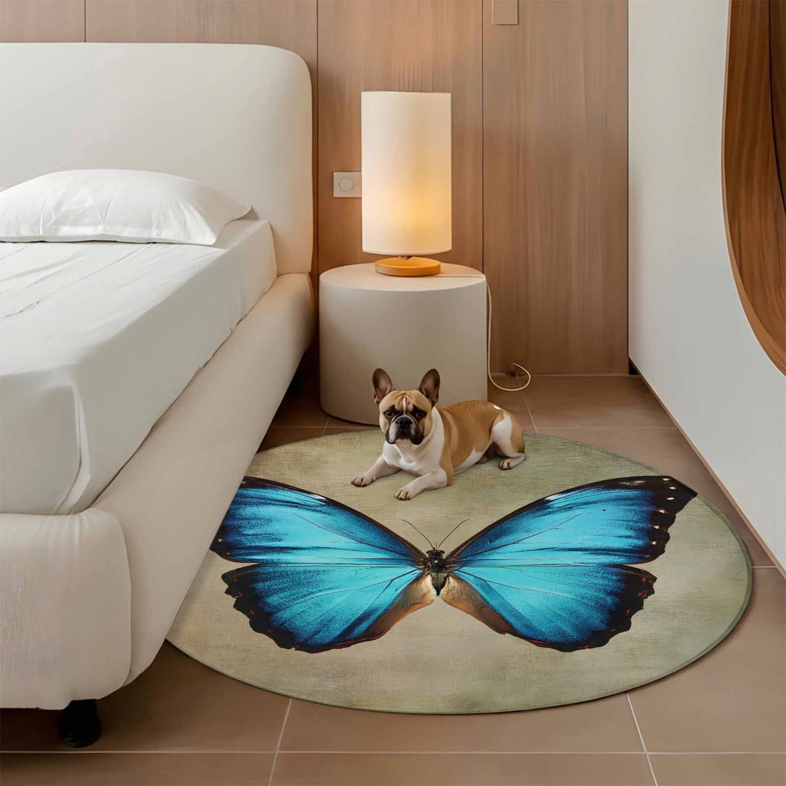 4ft Washable Round Rug, Blue Butterfly Non-Slip Circle Area Rug for ...