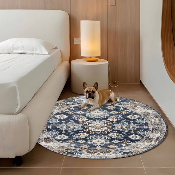 4ft Washable Round Rug, Bohemian Circular Non-Slip Circle Area Rug for Living Room Bedroom, Ethnic Style Vintage Blue Beige Texture Indoor Floor Mat for Home Decor