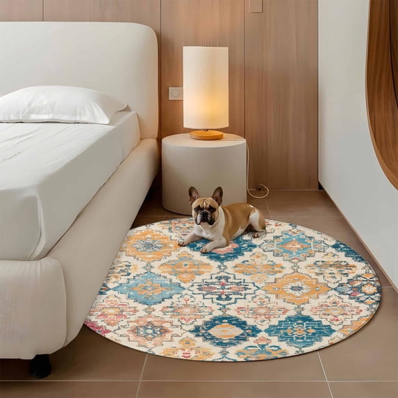 4ft Washable Round Rug, Bohemian Texture Non-Slip Circle Area Rug for Living Room Bedroom, Retro Yellow Blue Morocco Pattern Indoor Floor Mat for Home Decor