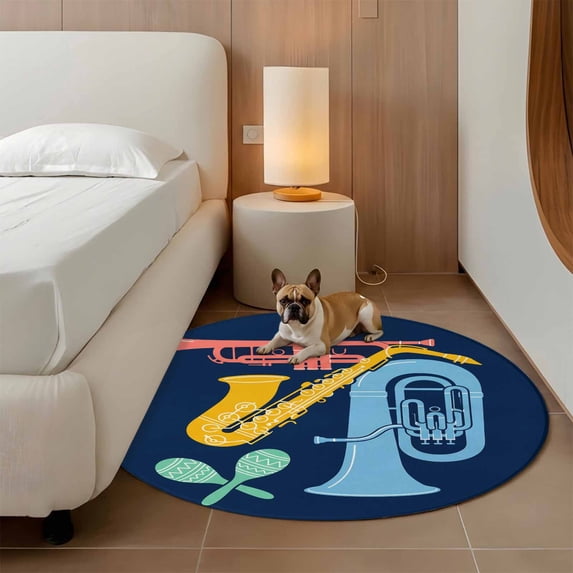 4ft Washable Round Rug, Colored Instruments Non-Slip Circle Area Rug for Living Room Bedroom, Retro Pink Yellow Blue Green Saxes Blue Indoor Floor Mat for Home Decor