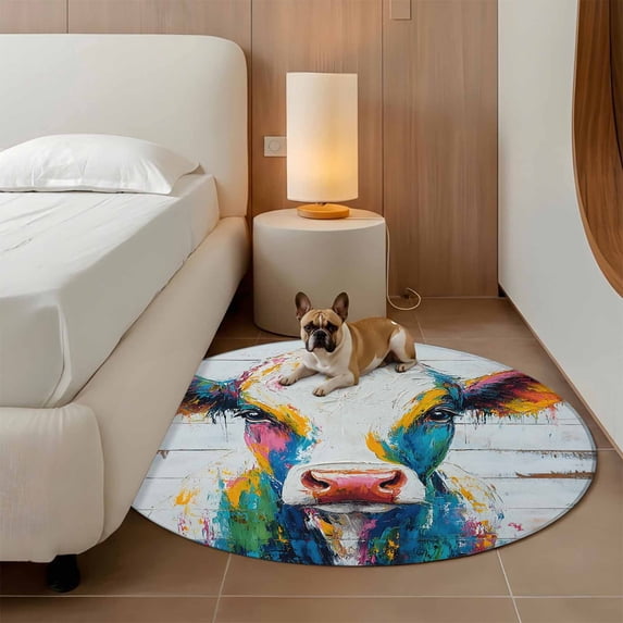4ft Washable Round Rug, Country Oil Painting Non-Slip Circle Area Rug for Living Room Bedroom, Vintage Colored Cow Wood Texture Indoor Floor Mat for Home Decor