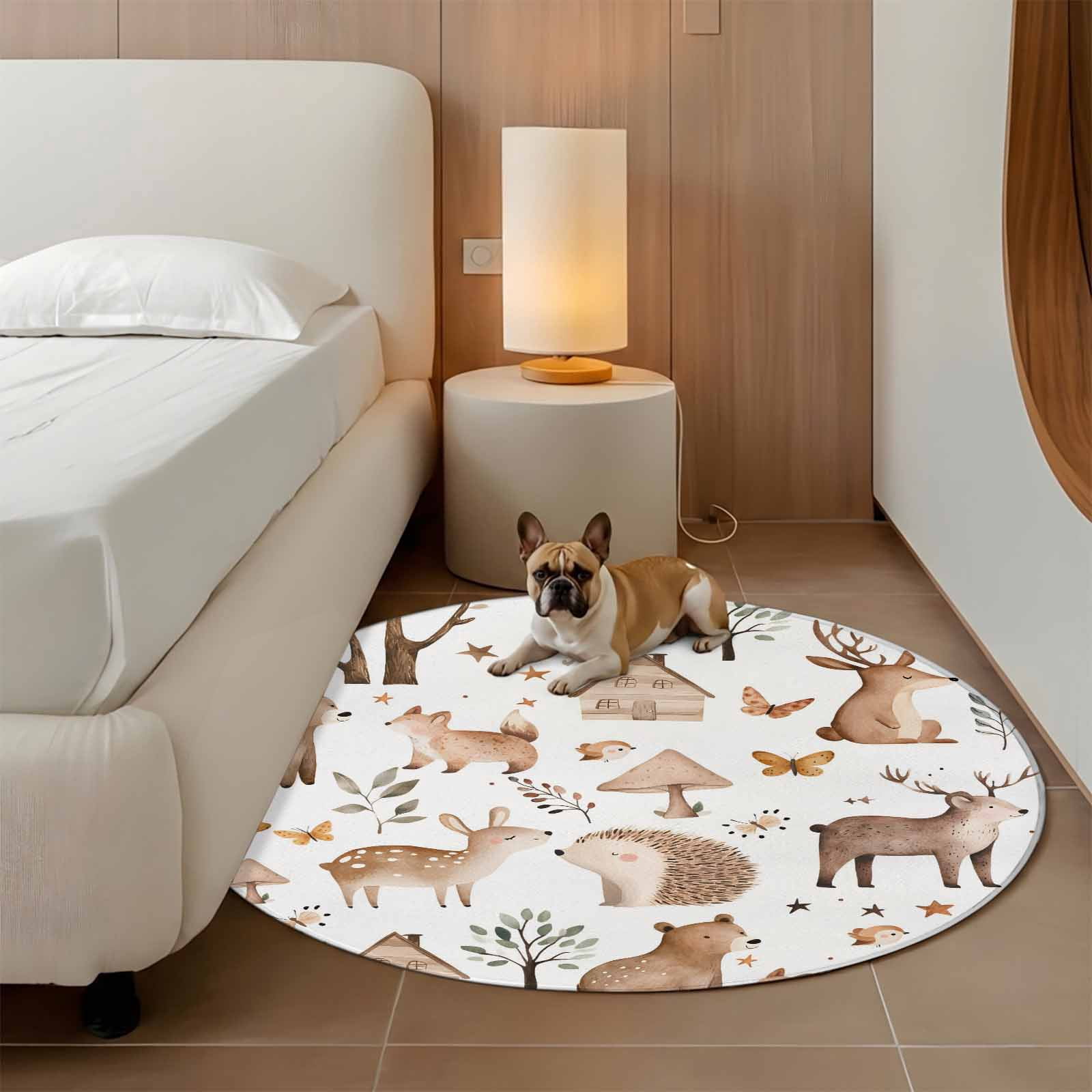 4ft Washable Round Rug, Forest Animal Non-Slip Circle Area Rug for ...