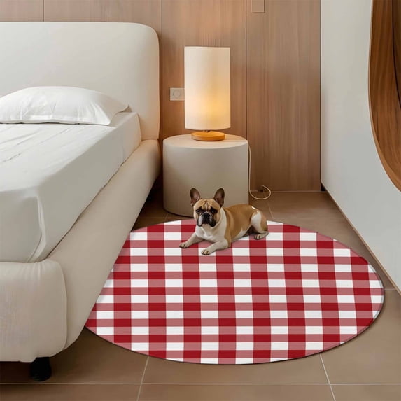 4ft Washable Round Rug, Rustic Red Non-Slip Circle Area Rug for Living Room Bedroom, and White Buffalo Plaid Indoor Floor Mat for Home Decor