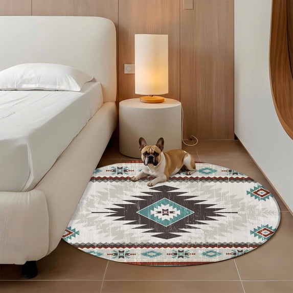 4ft Washable Round Rug, Vintage Aztec Non-Slip Circle Area Rug for Living Room Bedroom, Ethnic Tribal Style Teal Red Mottled Geometric Indoor Floor Mat for Home Decor