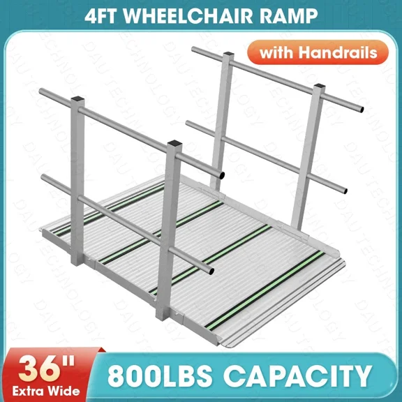 4ft Wheelchair Ramp with Handrails, 36" Extra Wide Aluminum Threshold Ramp, 800LBS Load Capacity, Heavy Duty Non-Slip Portable Ramp with Glow-in-The-Dark Reflective Strips for Scooters and Walkers