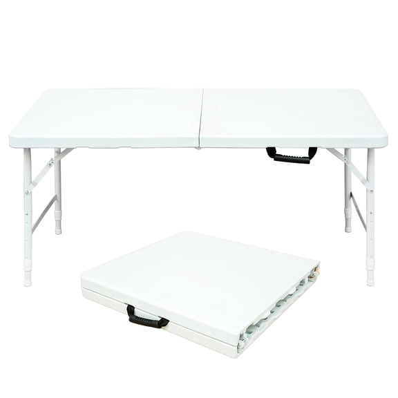 4ft White Iron - Foldable & Waterproof Table - Indoor Outdoor Camping Use / Fixed Grip for Convenient Portability / Smooth Tabletop for Easy Stain Removal