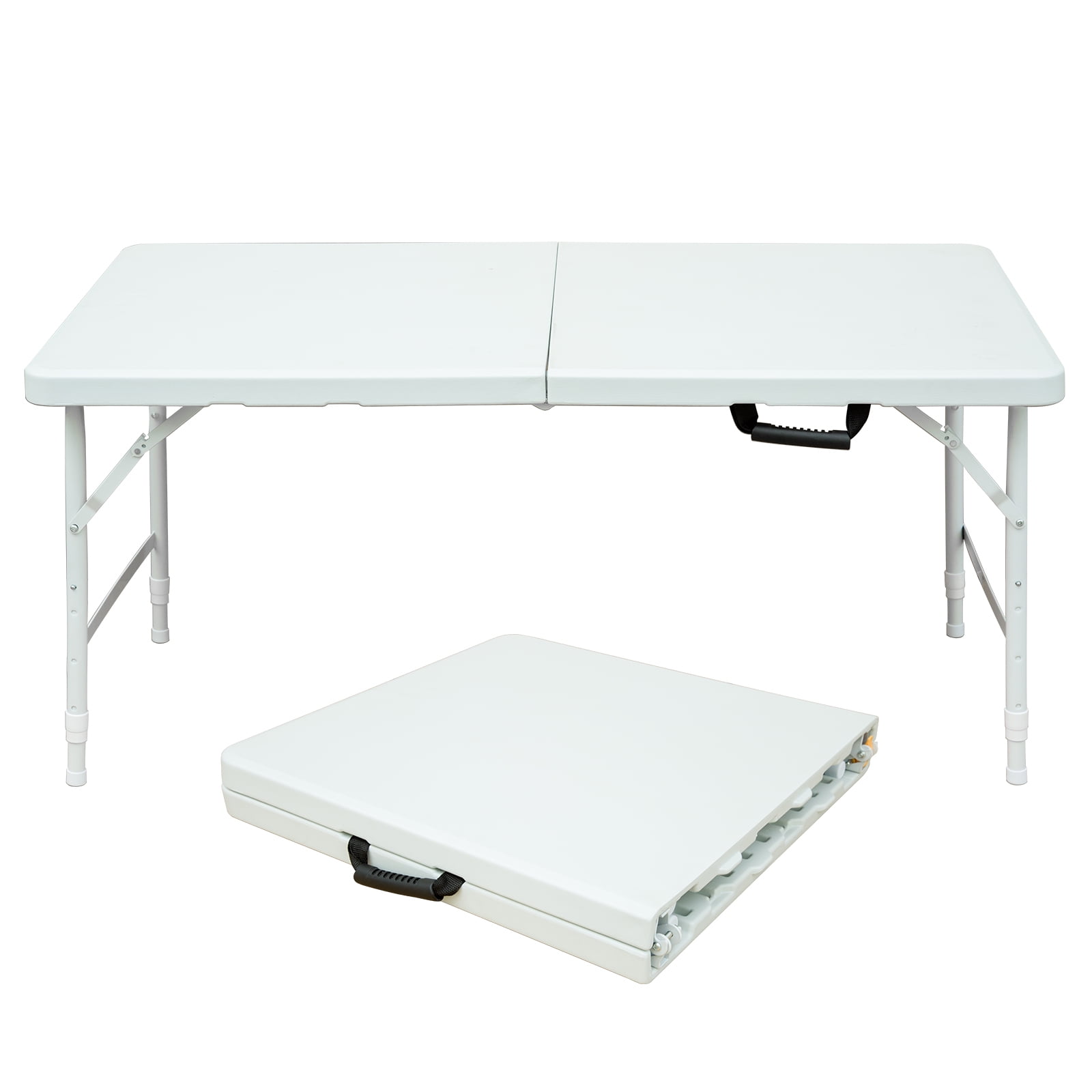 4ft White Portable Folding Table, Indoor Outdoor Waterproof HDPE Foldable Table, Triangular Reinforced 25mm Powder Coated Steel Frame, 135KG Max Load for Camping BBQ Party Exhibition