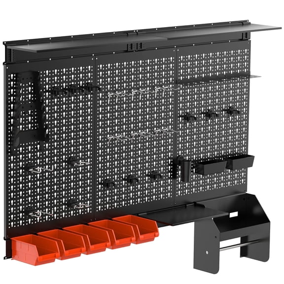 4ft Wide Heavy Duty Metal Pegboard Wall Organizer Kit, Modular Steel Tool Storage System with 43 Accessories, Wall-Mounted Peg Board with Bins, Shelves & Hooks for Garage, Workshop & Workbench, Black