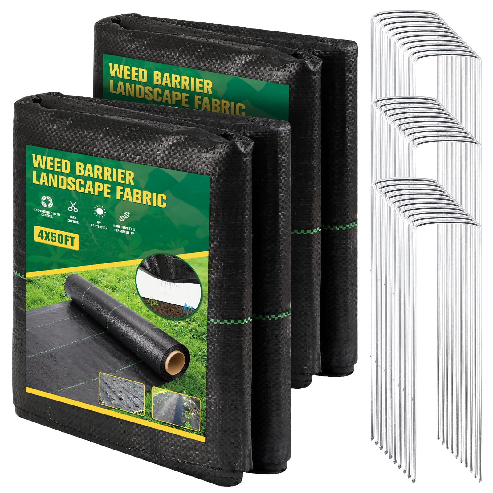 4ft X 100ft Weed Barrier Landscape Fabric  3.2oz Woven Ground Cover For Gardening & Landscaping With 30 U-shaped Stakes (2-pack 4x50ft)