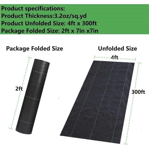4ft x 300ft Heavy Duty Weed Barrier Fabric - Black Woven Landscape Ground Cover Mat for Garden Driveway