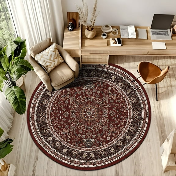 Pentantan Vintage Round Area Rug, 4ft x 4ft Red Retro Style Washable Rug with Anti-Slip Backing for Living Room