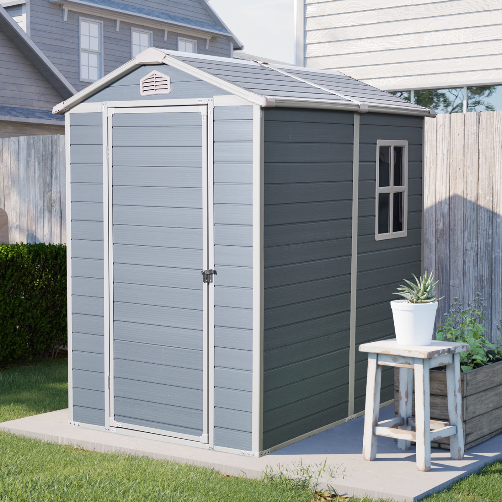 4ft x 6ft Resin Outdoor Storage Shed Plastic Garden Sheds with Floor and Lockable Door for ...