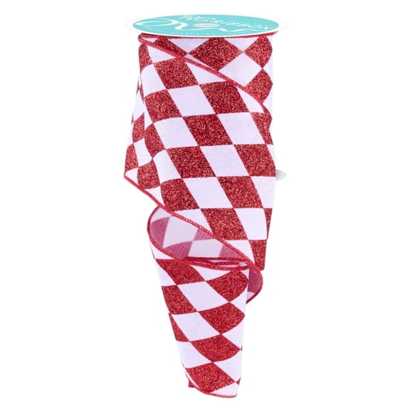 4in Glitter Harlequin Check Ribbon: Red (10 Yards)