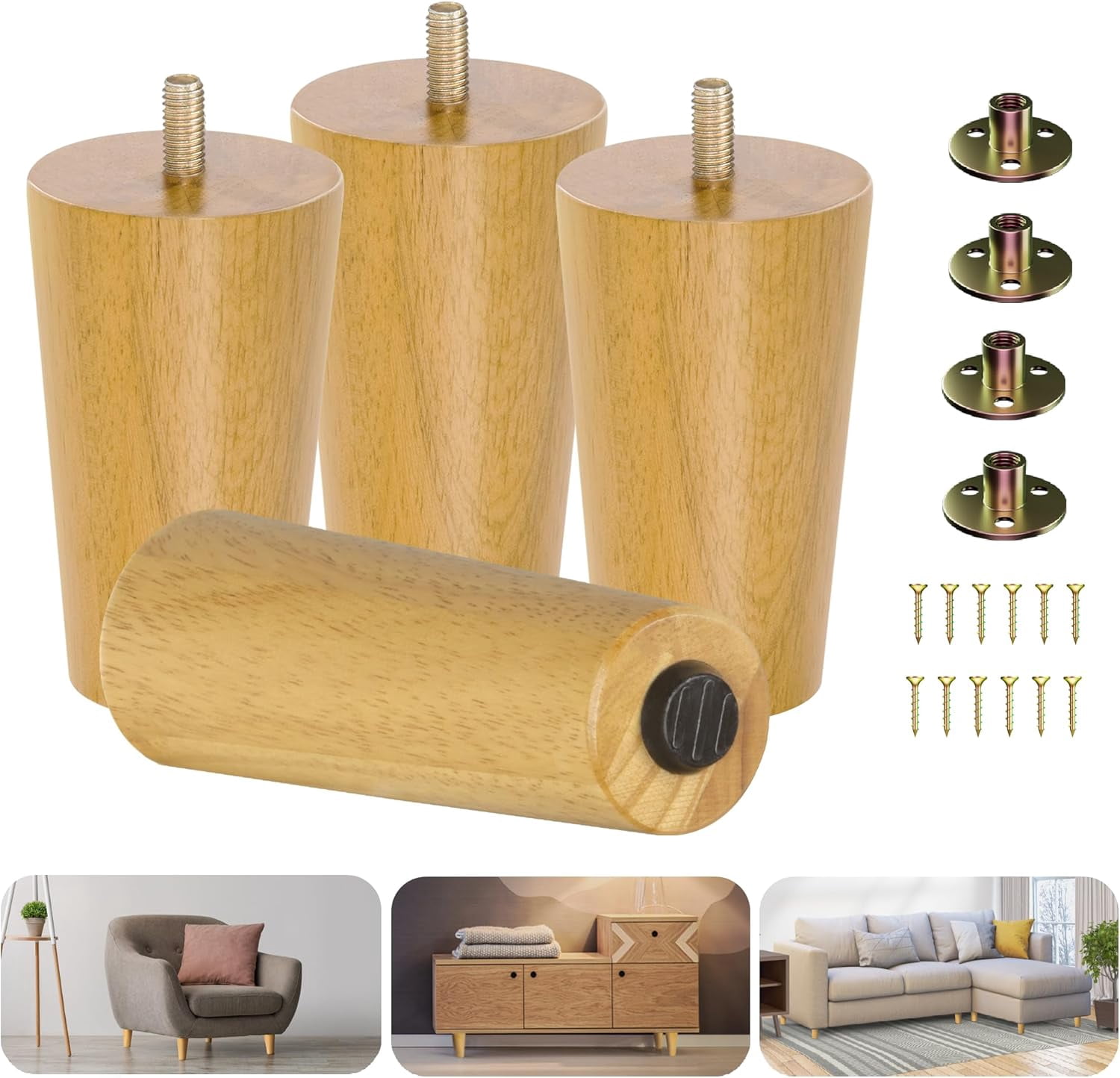Yes4All 4 Inches Round Natural Solid Wood Furniture Legs Set of 4 ...