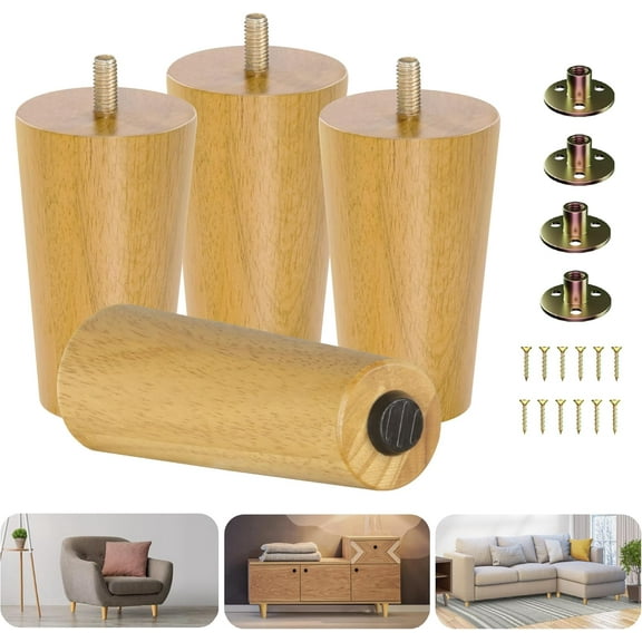 Yes4All 4 Inches Round Natural Solid Wood Furniture Legs Set of 4, Heavy Duty 800 Lbs Capacity Furniture Legs with Leveler, Replacement Legs for Furniture, Couch, Sofa, Dresser, Ottoman