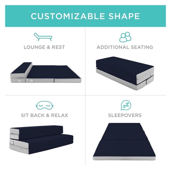 4in Portable Twin XL-Size Mattress, Tri-Fold Mattress for Camping, Guest, Toddler, Foam Plush w/Carry Case - Midnight Blue