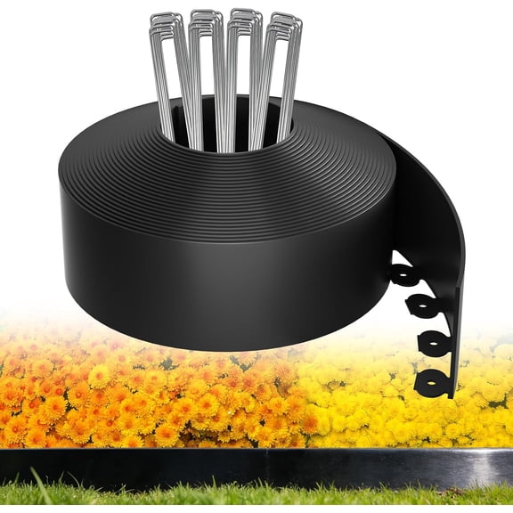4in Tall,33ft Landscape Edging Kit with 50pcs Metal Spikes, Reinforced Rib Design,Not Digging Flexible Plastic Edge Border for Landscape, Lawn,Garden,Flower Beds,Yard,Paver,Playground, Fence,Pathway