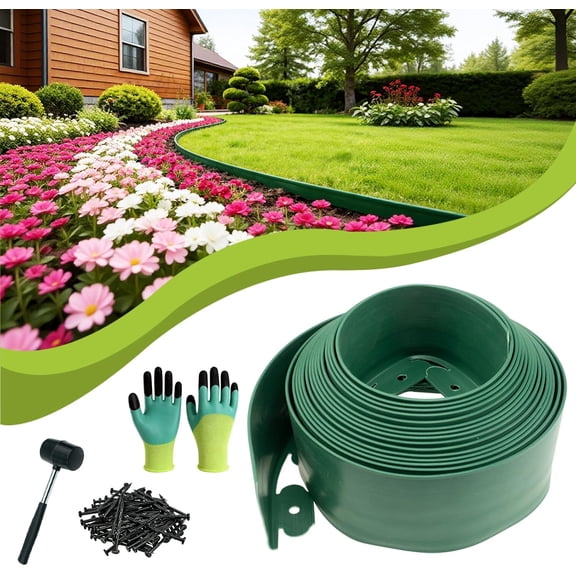 4in x 33ft No Dig Landscape Edging, Garden Edging Border with 50 Spikes, Hammer & Gloves, Tool-Free HDPE Lawn Edging Kit for Garden Yard Flower Beds Pathway Landscaping Project
