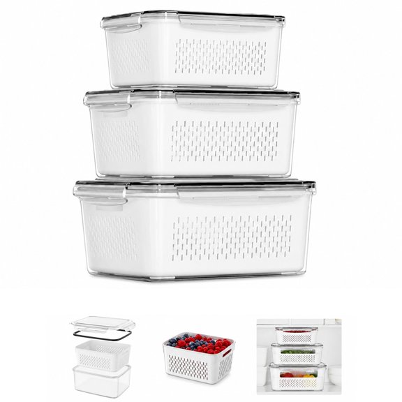 4in1 Food Storage Containers with Colander, Leakproof Produce Keeper Set for Fridge, Fruit and Vegetable Organizer Bins