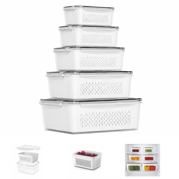 4in1 Food Storage Containers with Colander, Leakproof Produce Keeper Set for Fridge, Fruit and Vegetable Organizer Bins