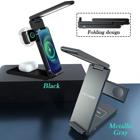 4in1 Multifunctional Foldable LED Desk Lamp with Wireless Charger 15W Qi Charger for iPhone/Android, Airpods, Apple Watch/iWatch Compatible