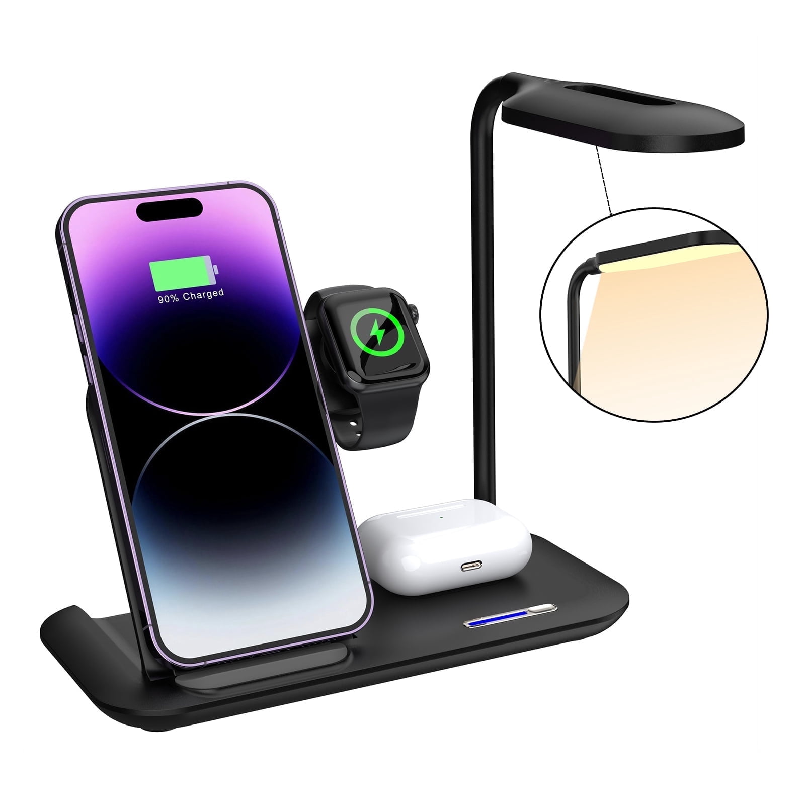 4in1 Multifunctional LED Desk Lamp with Foldable Wireless Charger 15W Qi Charger for iPhone/Android, Airpods, Apple Watch/iWatch Compatible