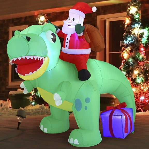 4inLoveMe 6 FT Long Santa Ride on Dinosaur Inflatable with Build-in LEDs Blow Up Inflatables for Xmas Party Indoor, Outdoor, Yard, Garden, Lawn Winter Decor
