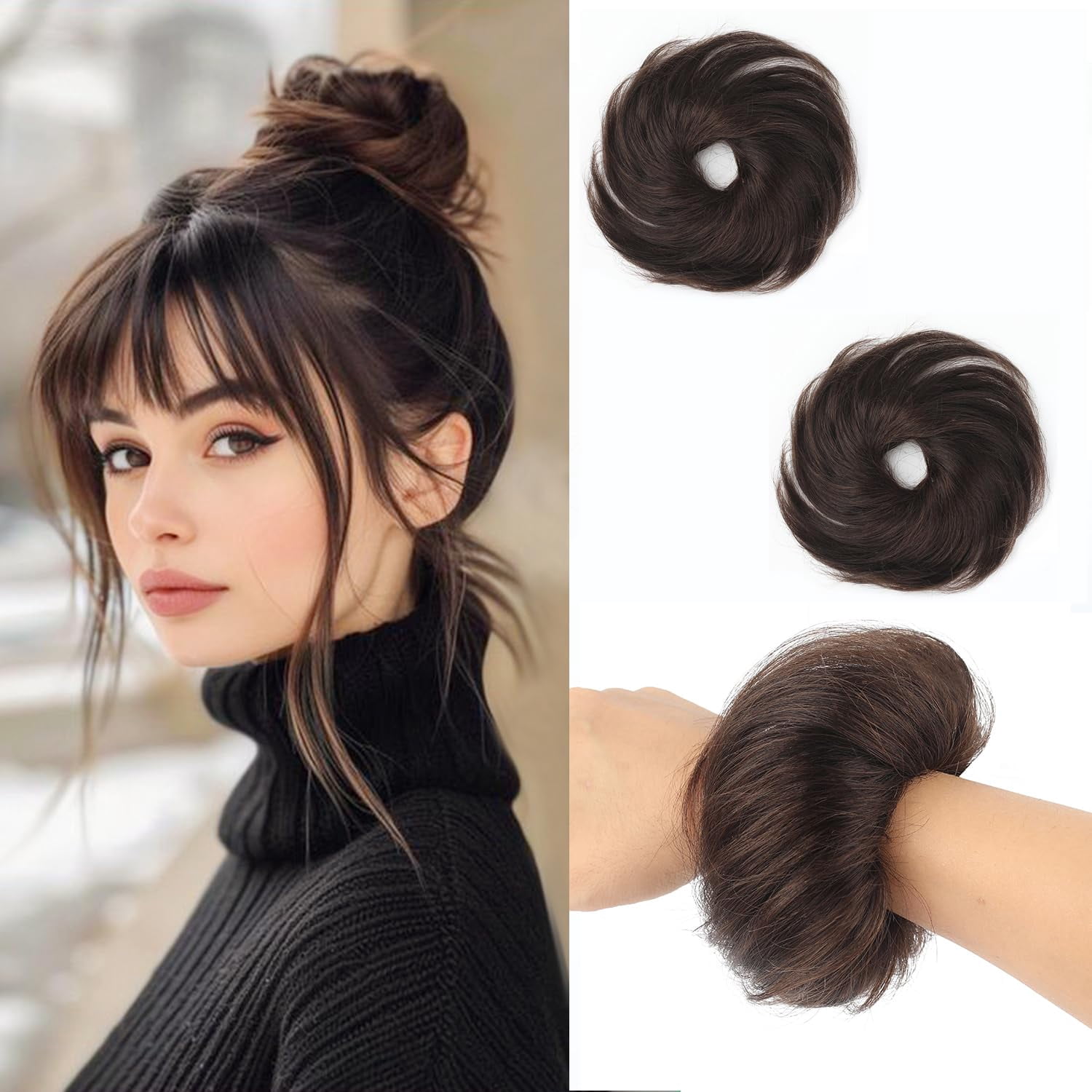 4inch Dark Brown 100% Human Hair Bun Straight Scrunchies Elegant Donut Chignon With Elastic Rubber Band Scrunchy Hairpiece