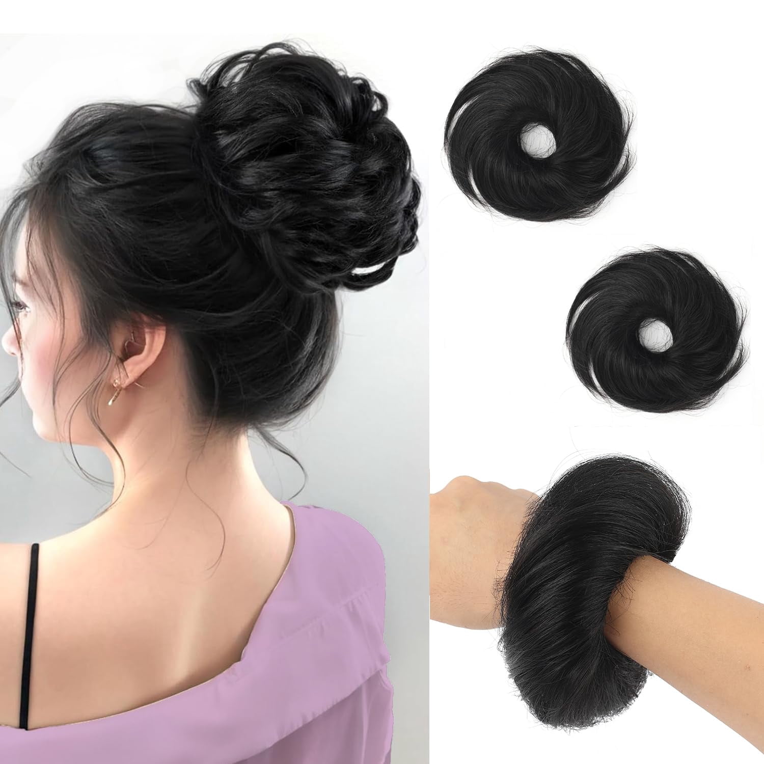 4inch Jet Black 100% Human Hair Bun Straight Scrunchies Elegant Donut Chignon With Elastic Rubber Band Scrunchy Hairpiece