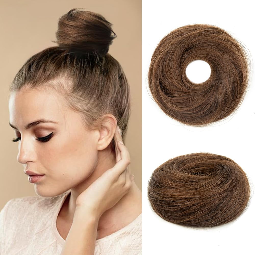 4inch Middle Brown 100% Human Hair Bun Straight Scrunchies Elegant Donut Chignon With Elastic Rubber Band Scrunchy Hairpiece
